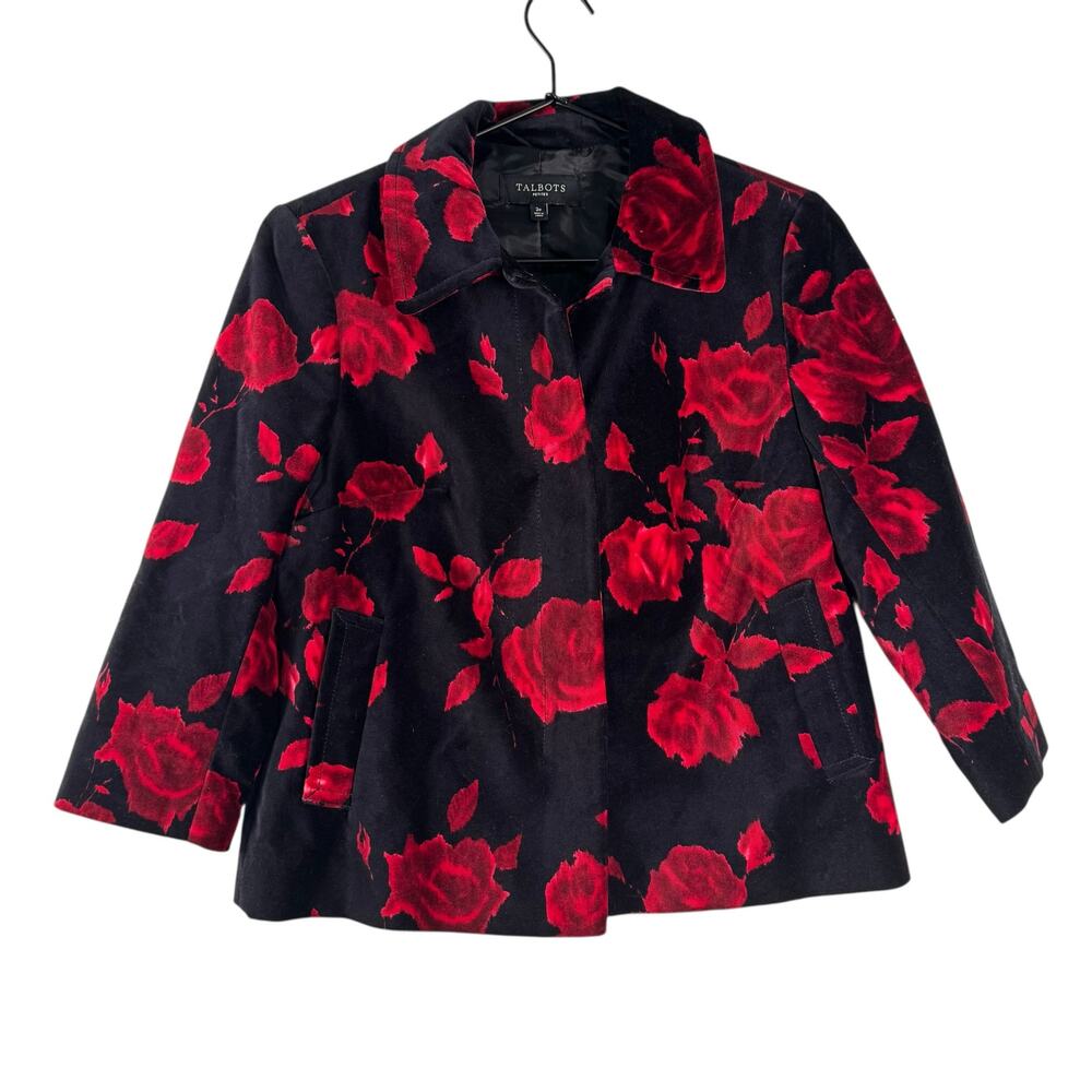 Talbots Women's Black And Red 100% Cotton Floral Velvet Blazer Jacket Size 2P